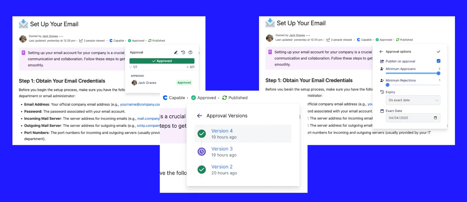 Approval panel, version history and approval options on a page that has been approved and published