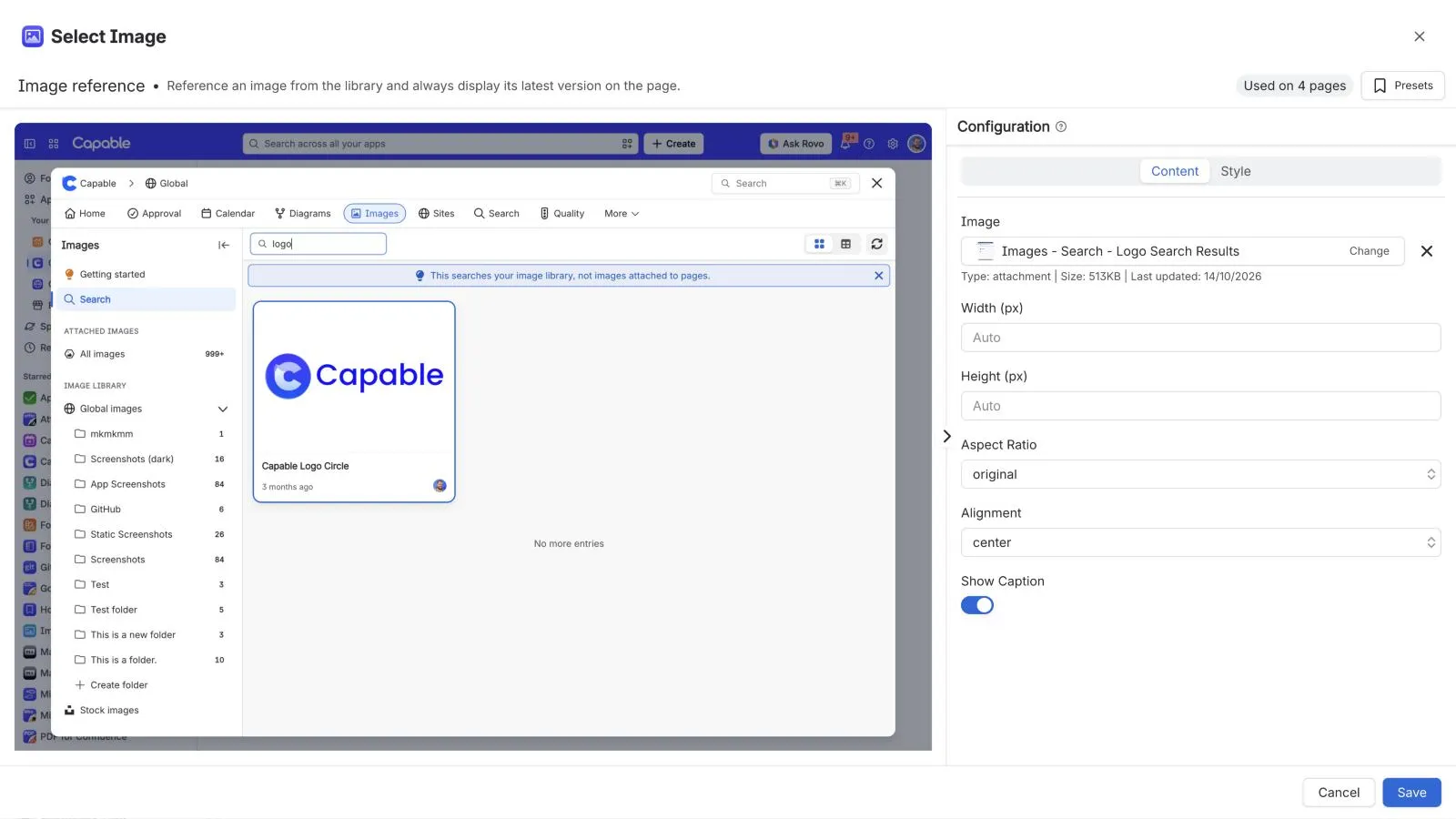 The Capable Images Select Image dialog for an Image reference, with a library image chosen and Show Caption switched on