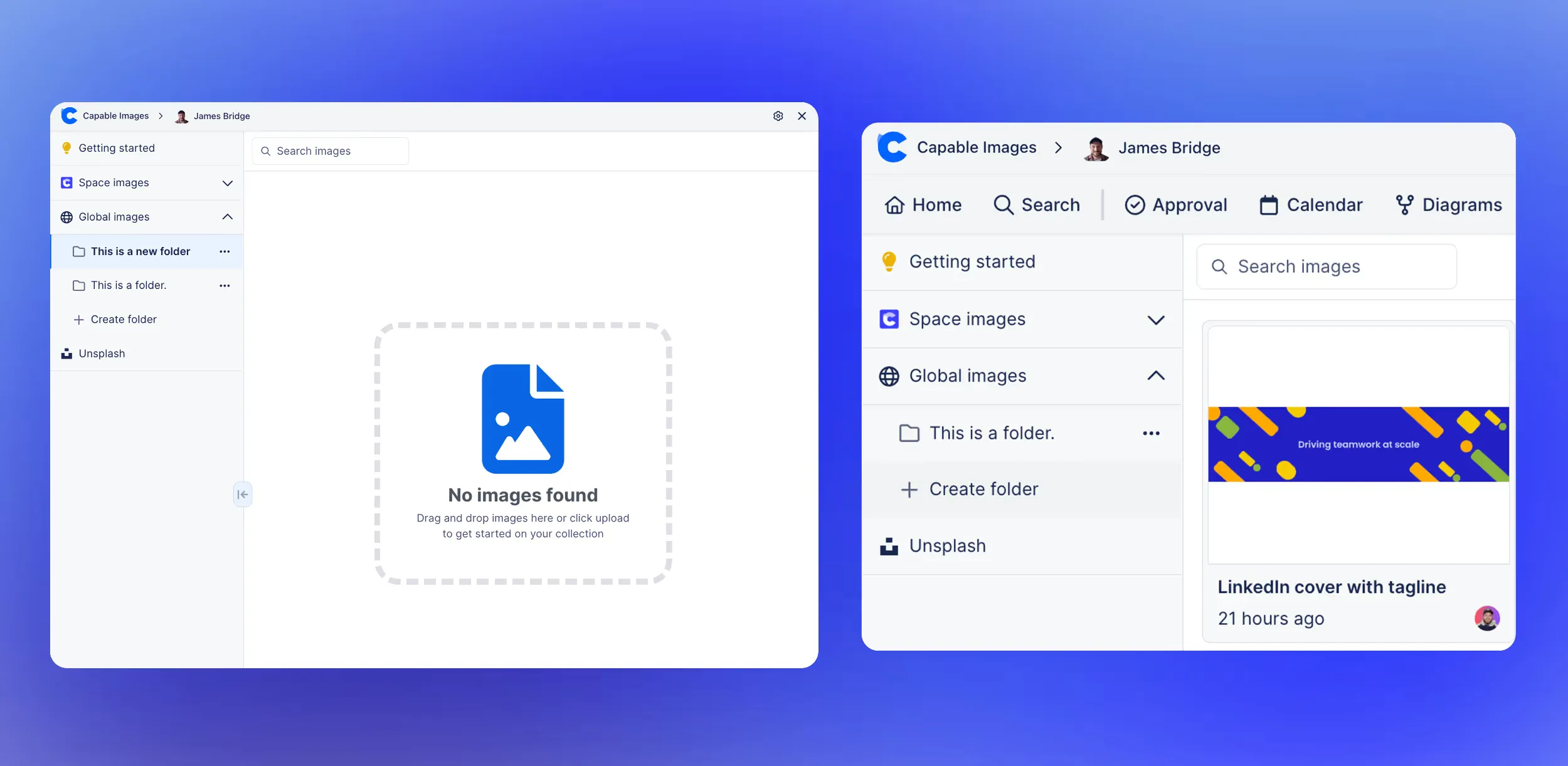 Capable Images global library, from an empty folder to a folder holding a LinkedIn cover image