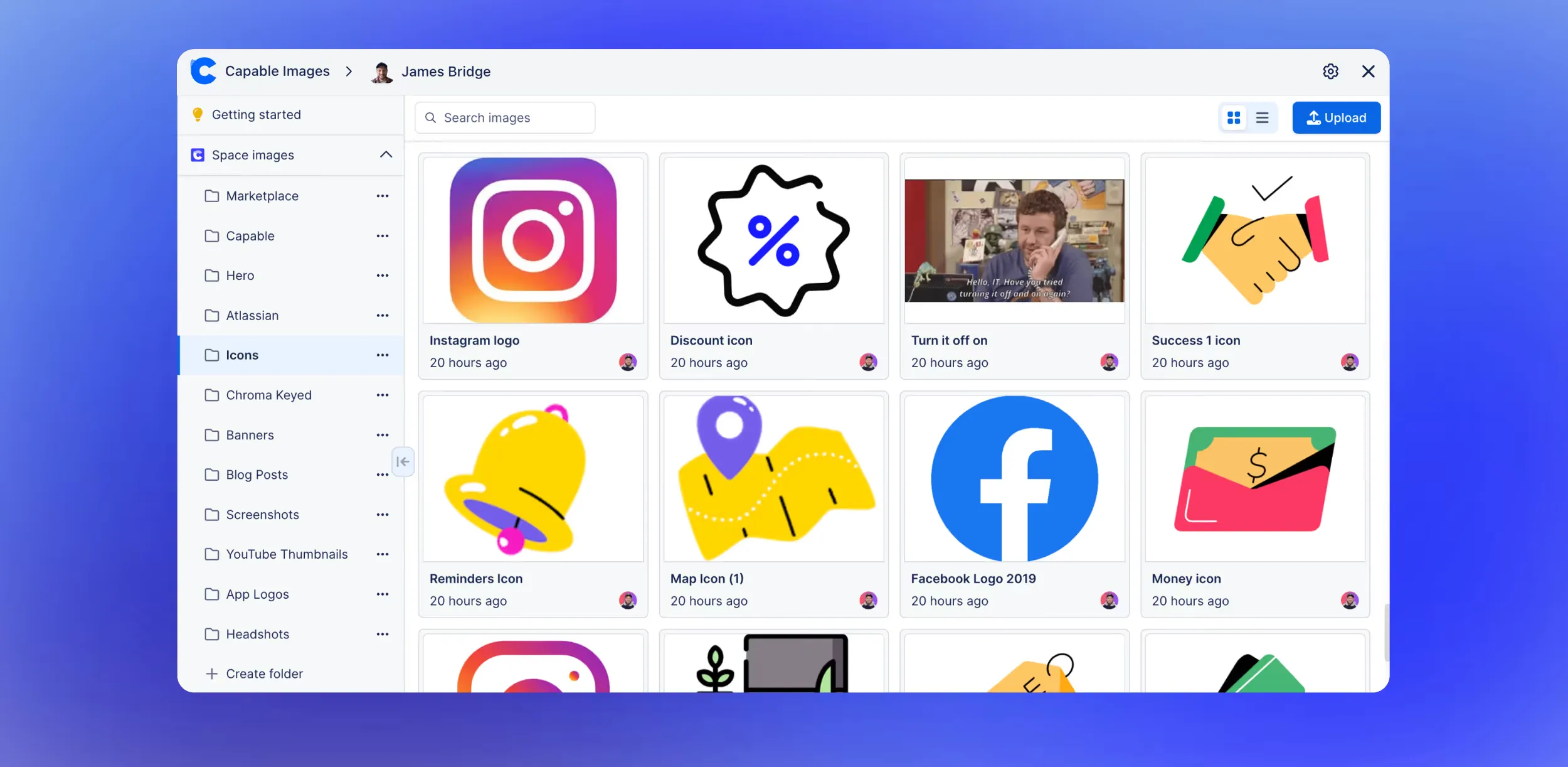 Capable Images space library showing an icons folder as a grid of thumbnails