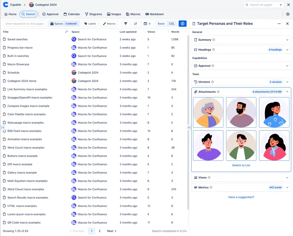 Capable Search across three spaces with the selected page's attached persona images shown as a grid