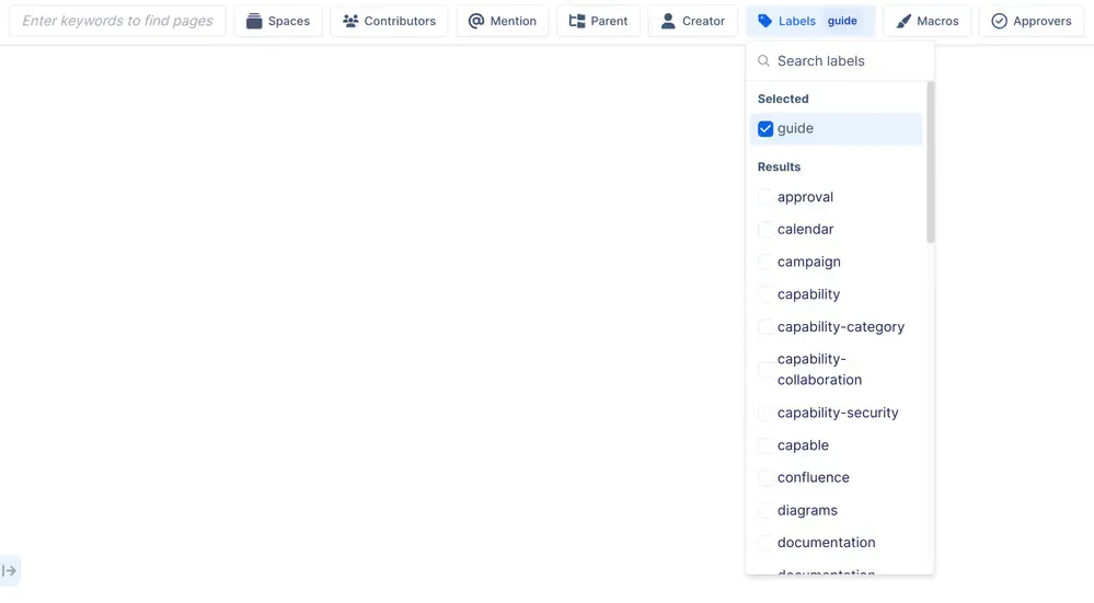 Capable Search label filter with guide selected from a list of the site's labels