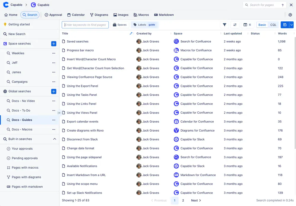 Capable Search with saved space and global searches in the sidebar and results filtered by the guide label