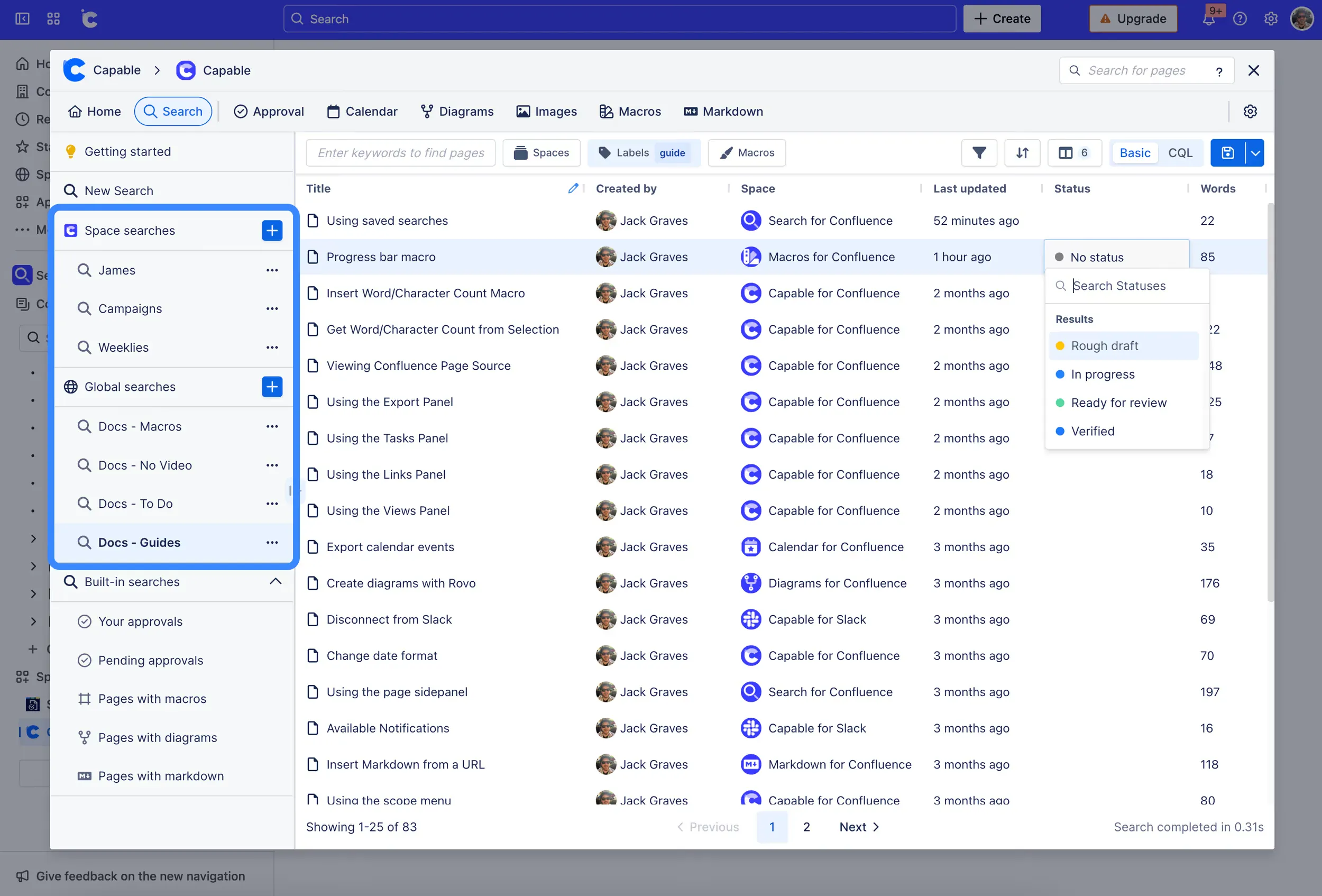 Capable Search with space and global saved searches highlighted in the sidebar