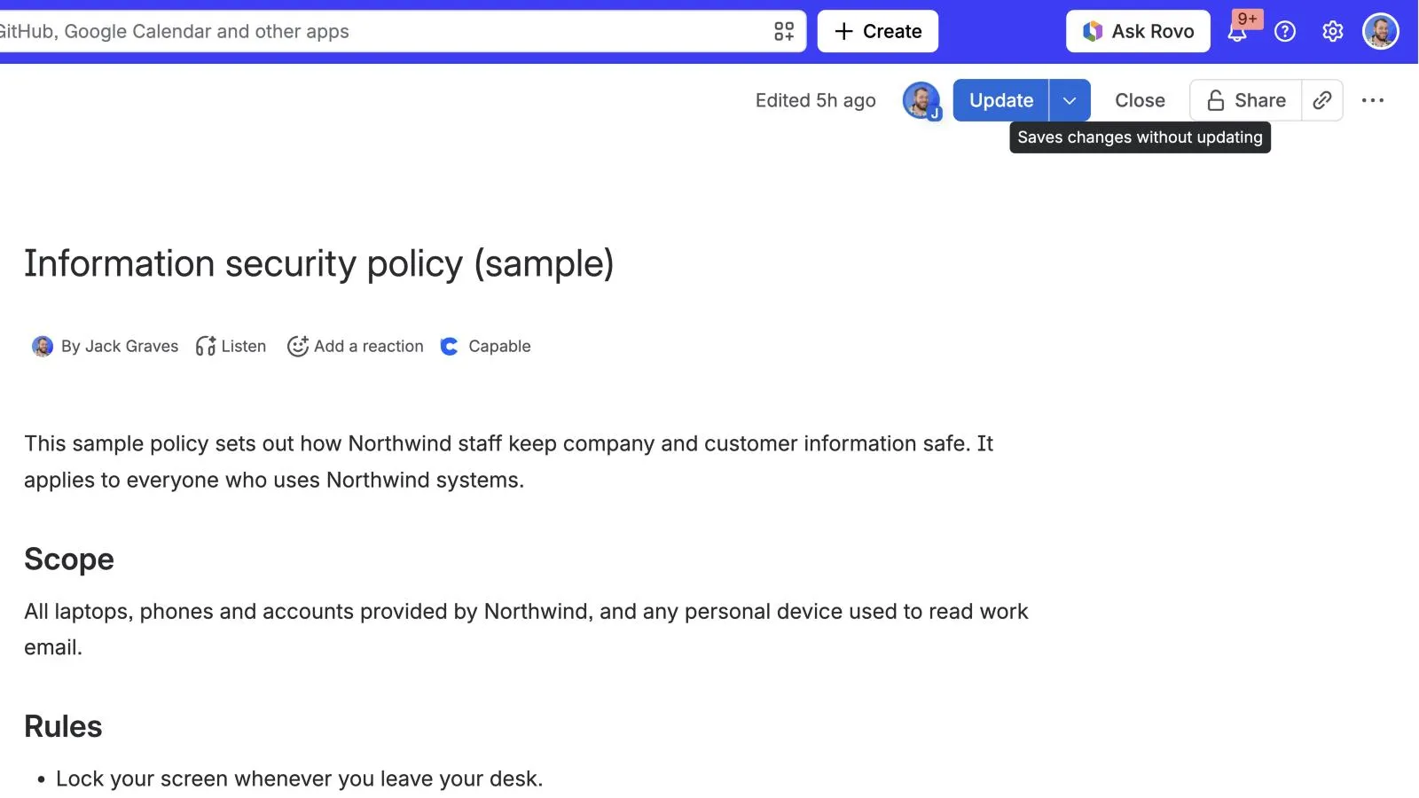 Editing a published Confluence page, with the Close button's tooltip reading Saves changes without updating