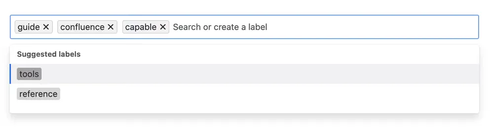 Confluence label picker with guide, confluence and capable labels added to a page