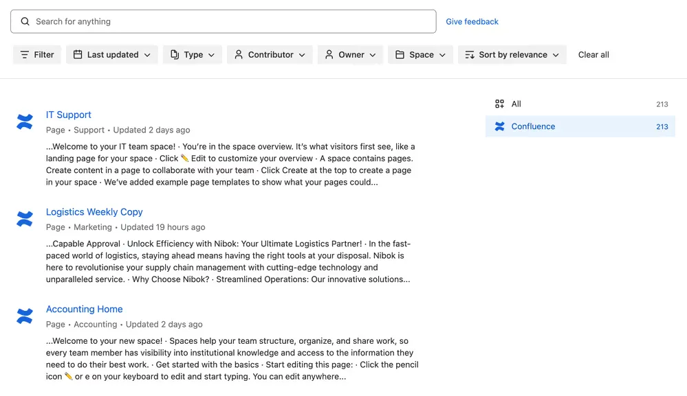 Confluence's built-in search results, showing pages matched only by keyword