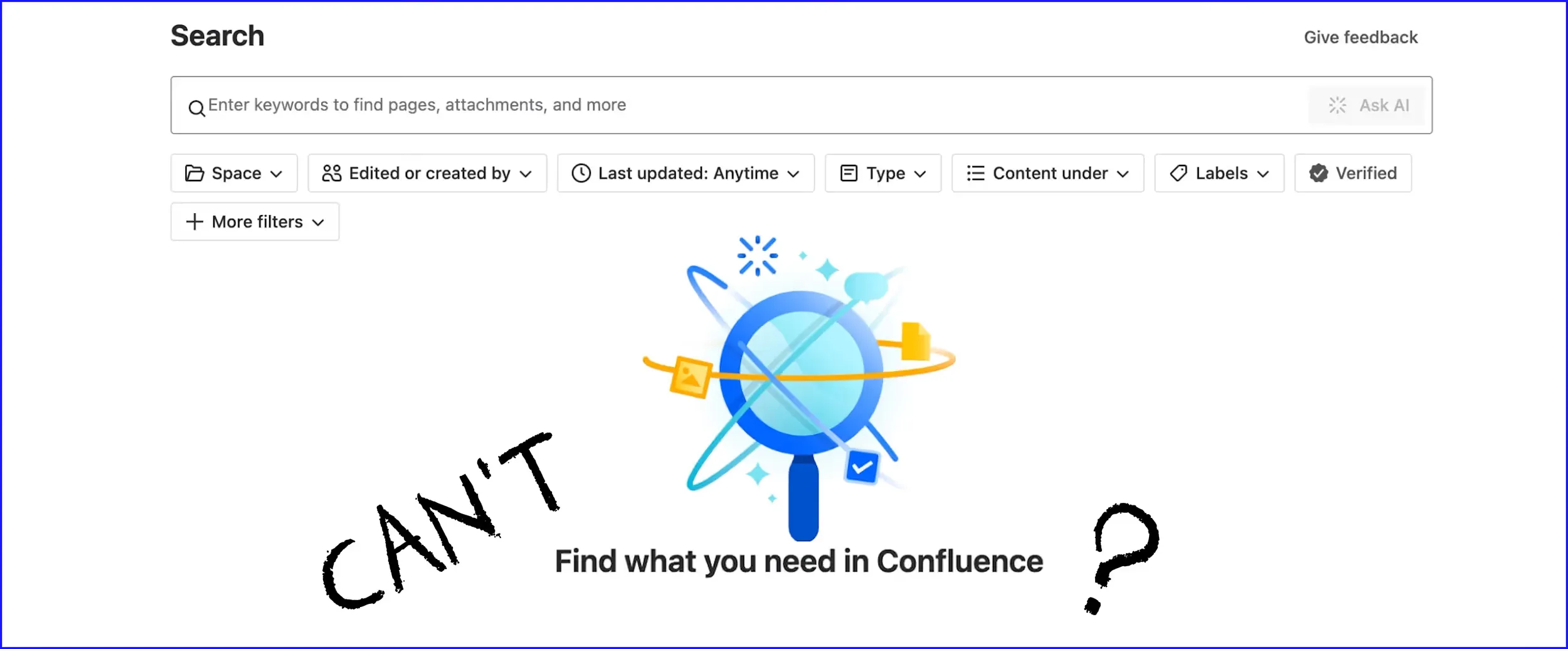 Confluence's search screen with "can't" scrawled before "Find what you need in Confluence?"
