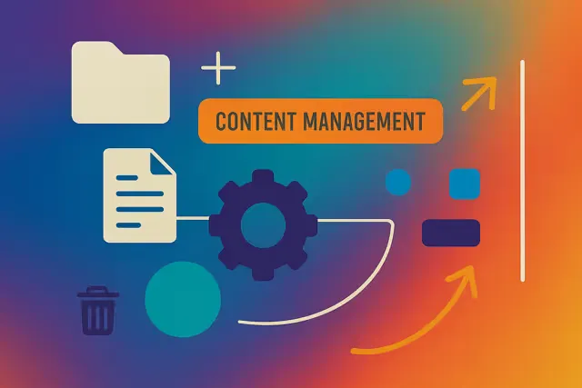 Colourful gradient graphic with a 'Content Management' label among icons of a folder, document, gear and bin