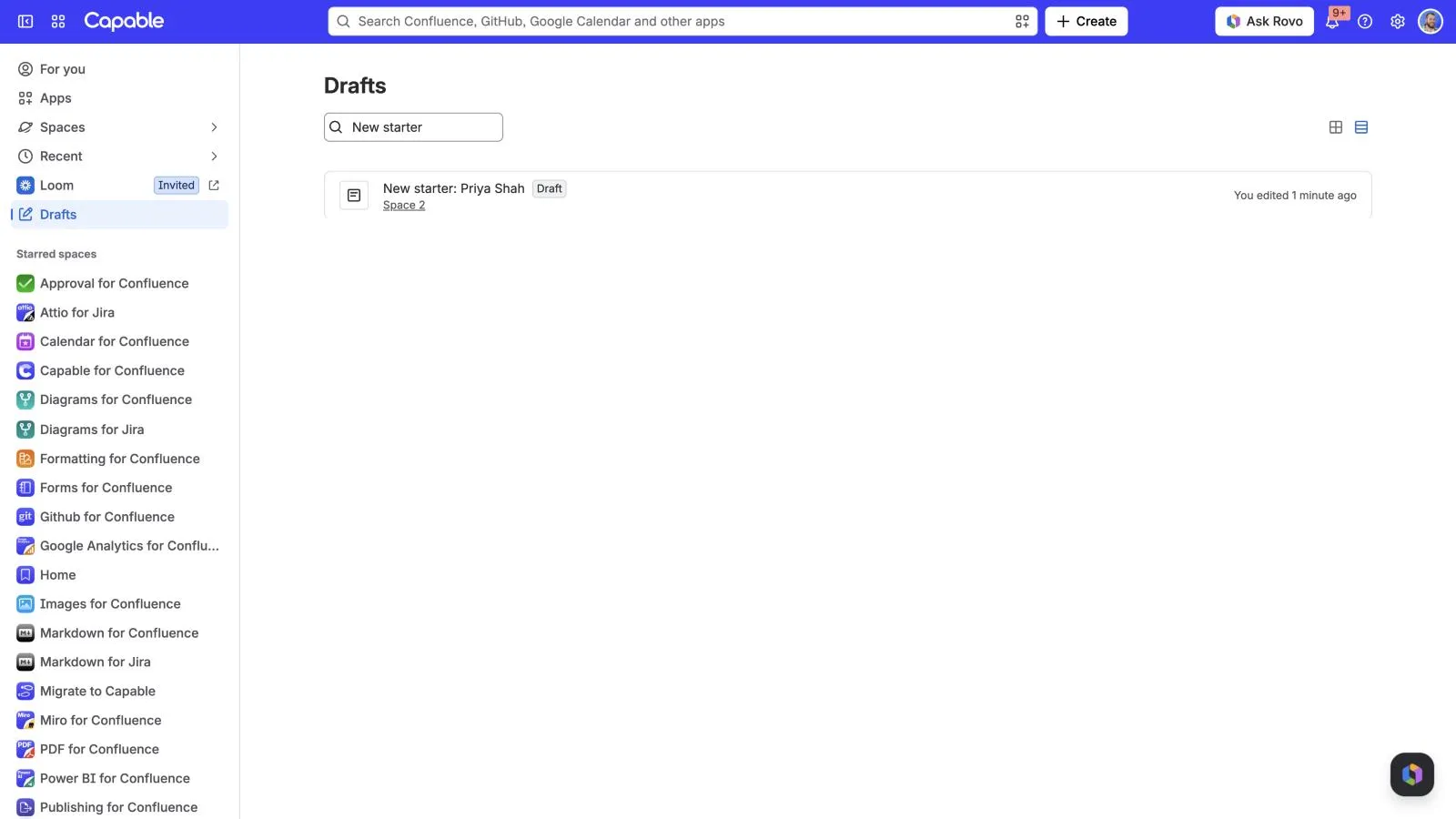 The Confluence Drafts page filtered to a sample draft, with Drafts selected in the sidebar