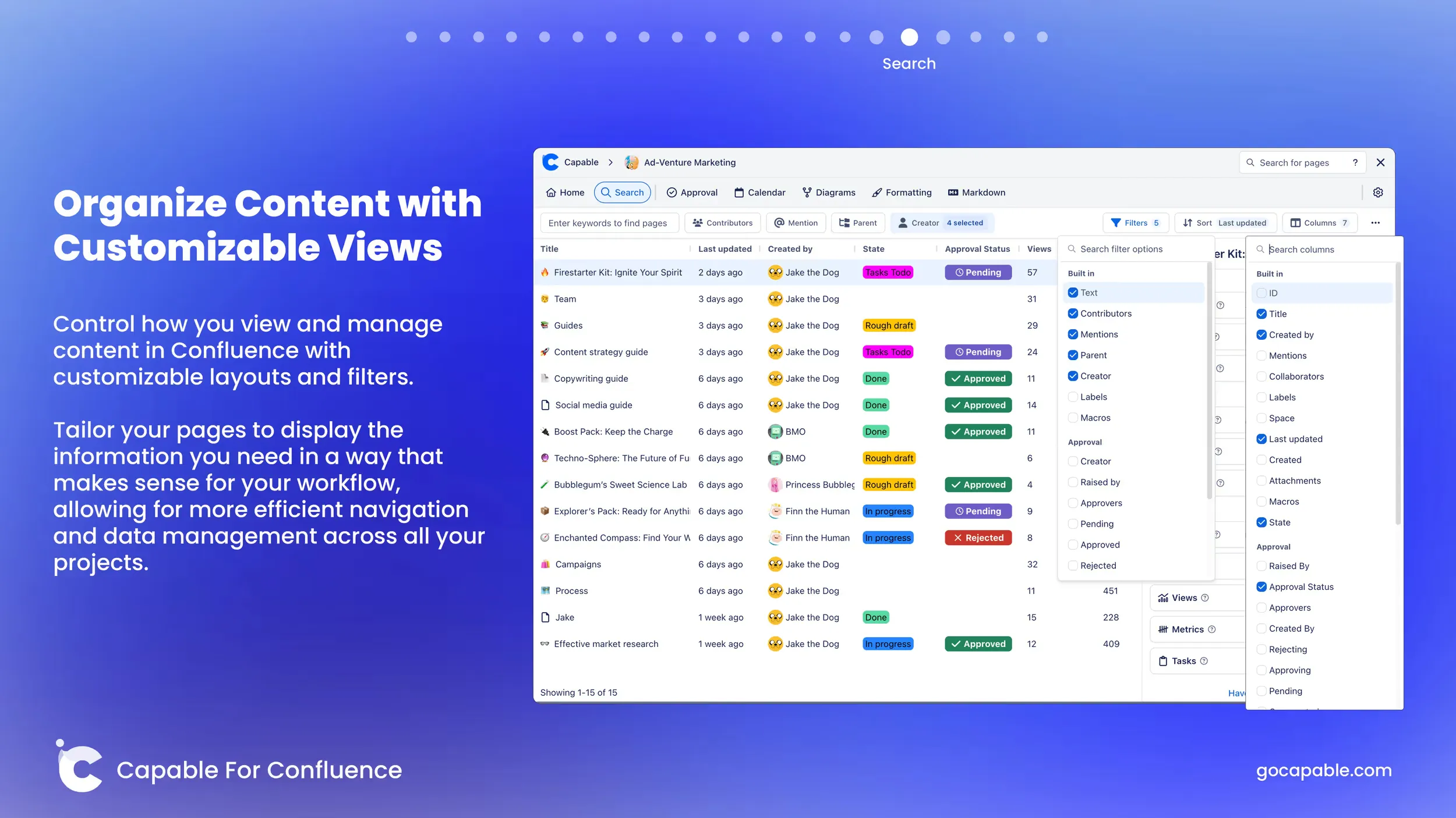 Capable title card reading 'Organize Content with Customizable Views' beside a page search screen with filter menus