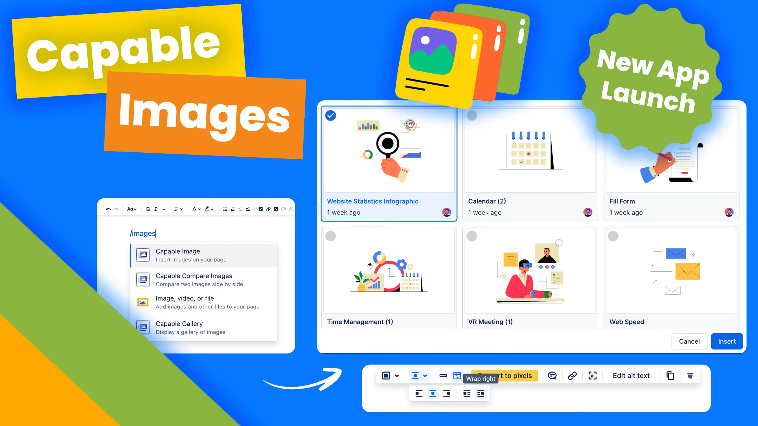 Capable title card reading 'Capable Images' and 'New App Launch' over screenshots of an image picker and a /images menu