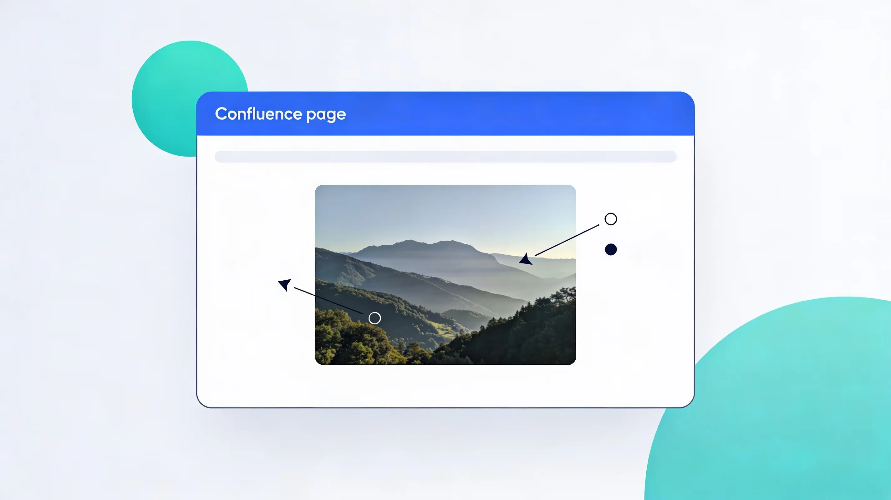 Illustration of a Confluence page with a mountain photo marked up by two arrows, on a pale background with teal circles