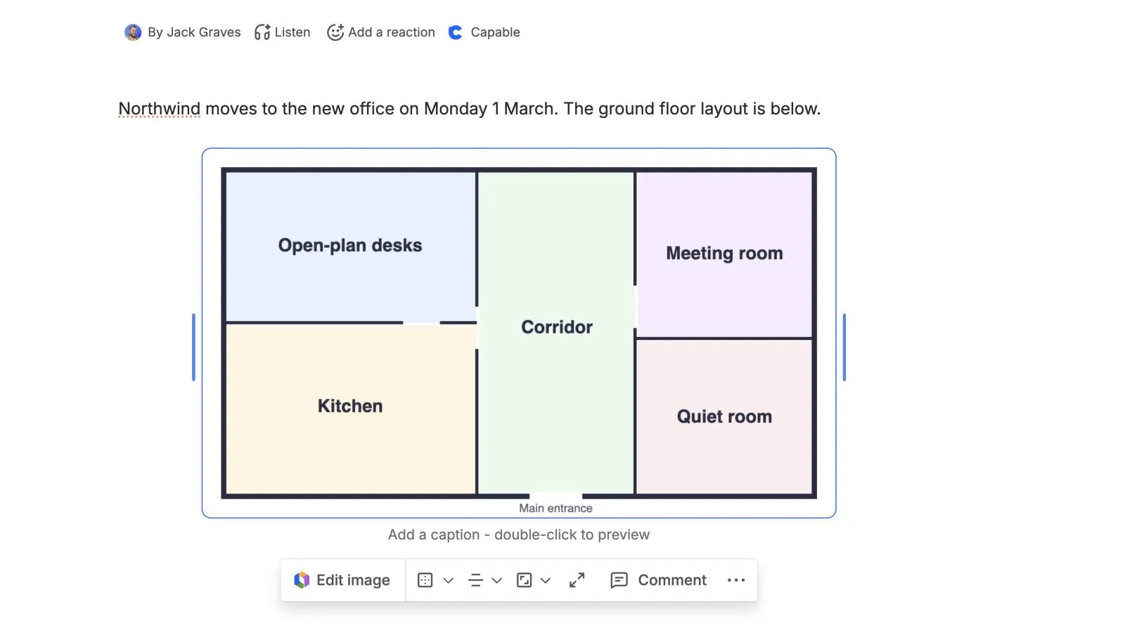 How to add a caption to an image in Confluence: a selected floor plan with the Add a caption field underneath and the image toolbar below it