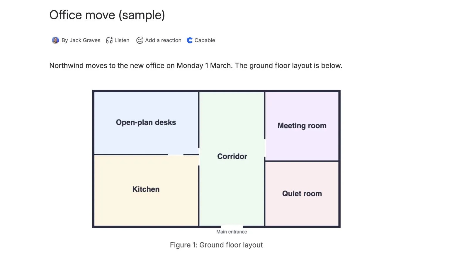 A sample office floor plan in Confluence with the caption Figure 1: Ground floor layout underneath