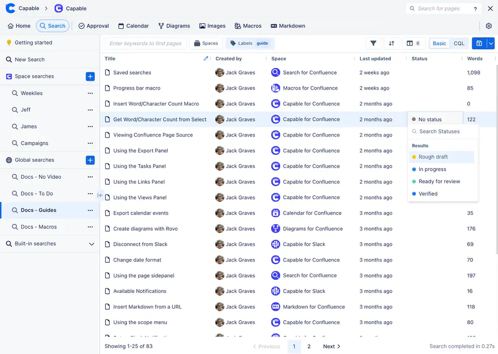 Inline status editing in Capable Search, choosing Rough draft, In progress, Ready for review or Verified