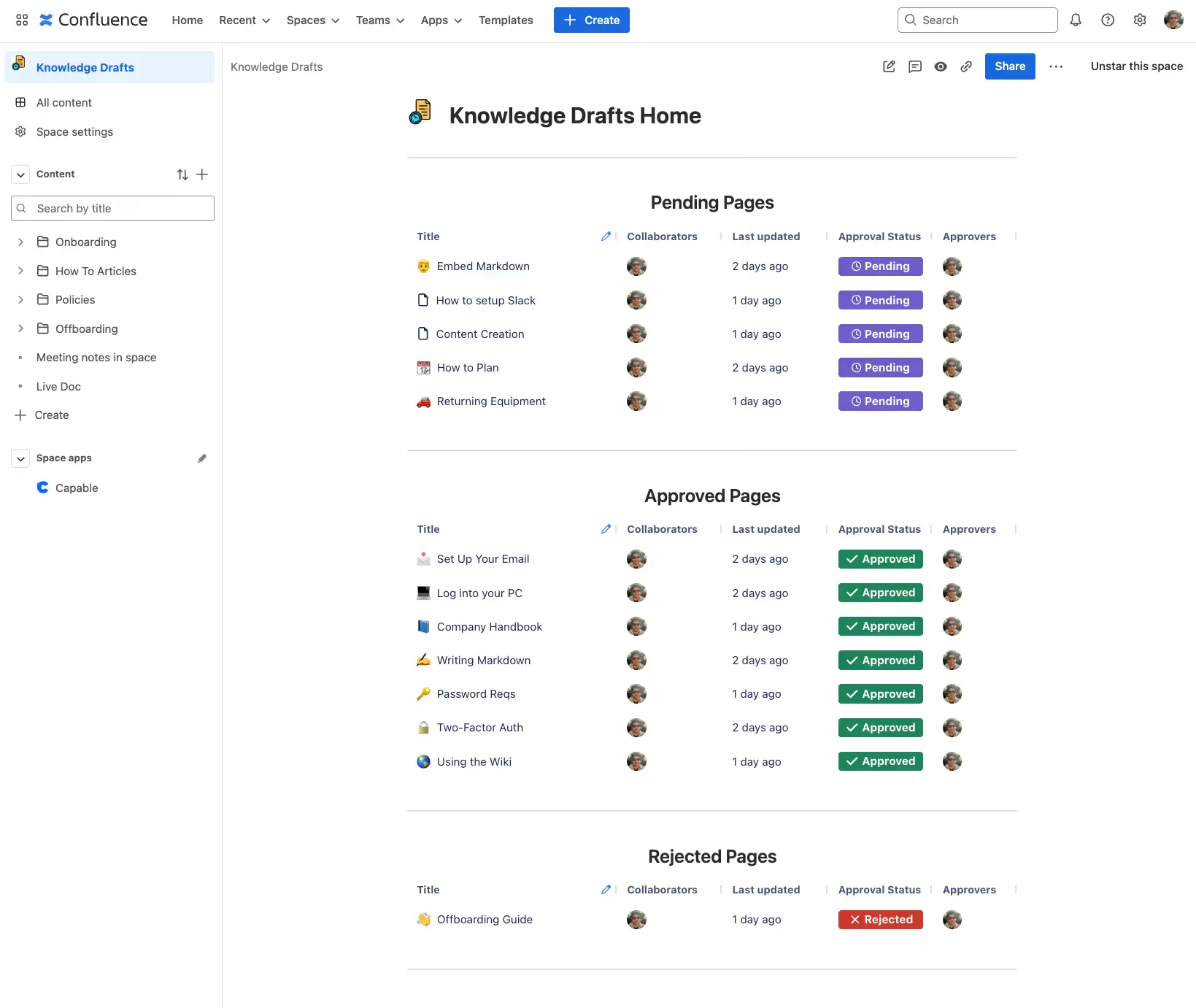 Knowledge Drafts space home with Capable Search Results macros listing pending, approved and rejected pages