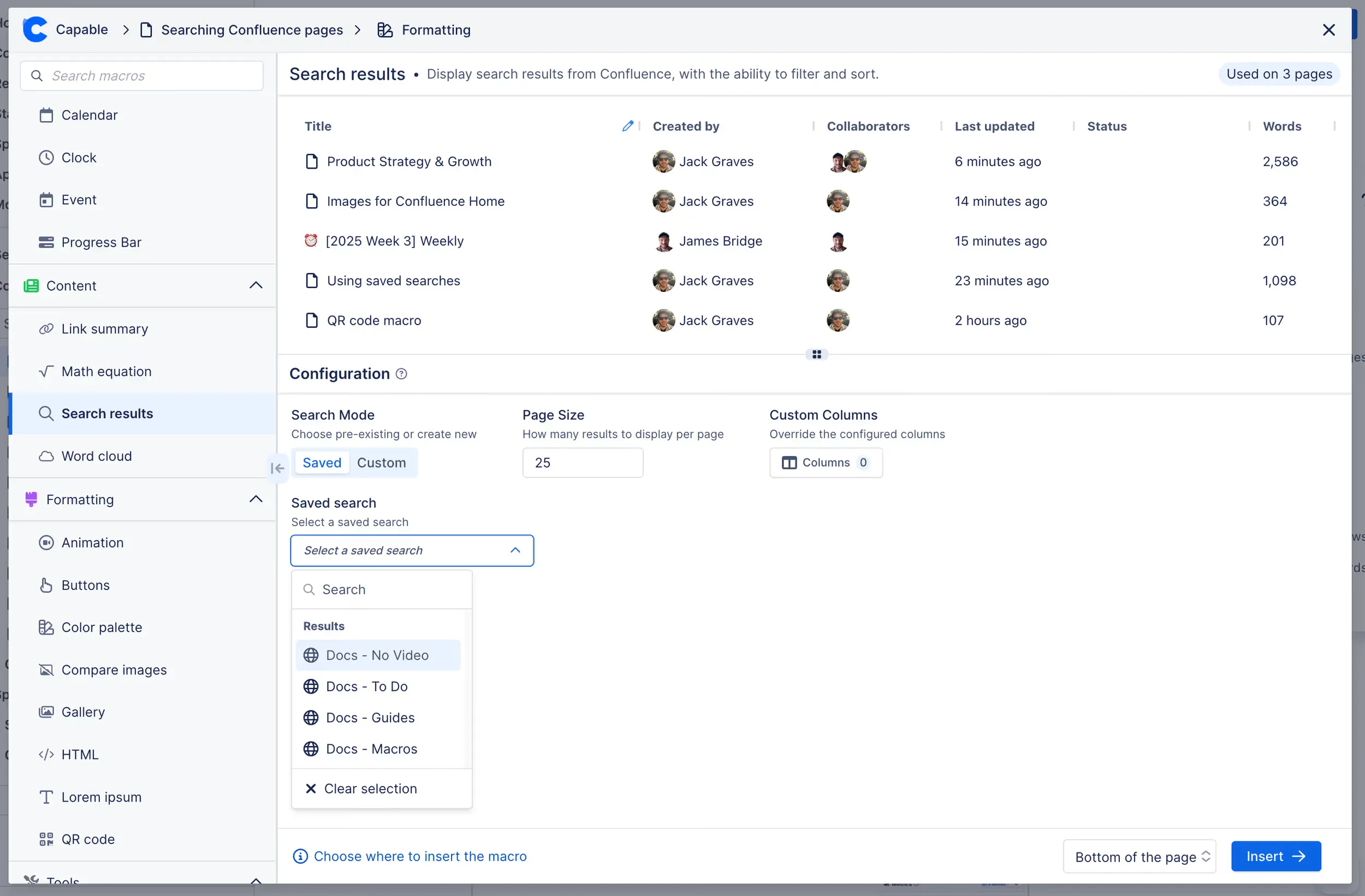 Search Results macro configuration, picking a saved search to embed on a page