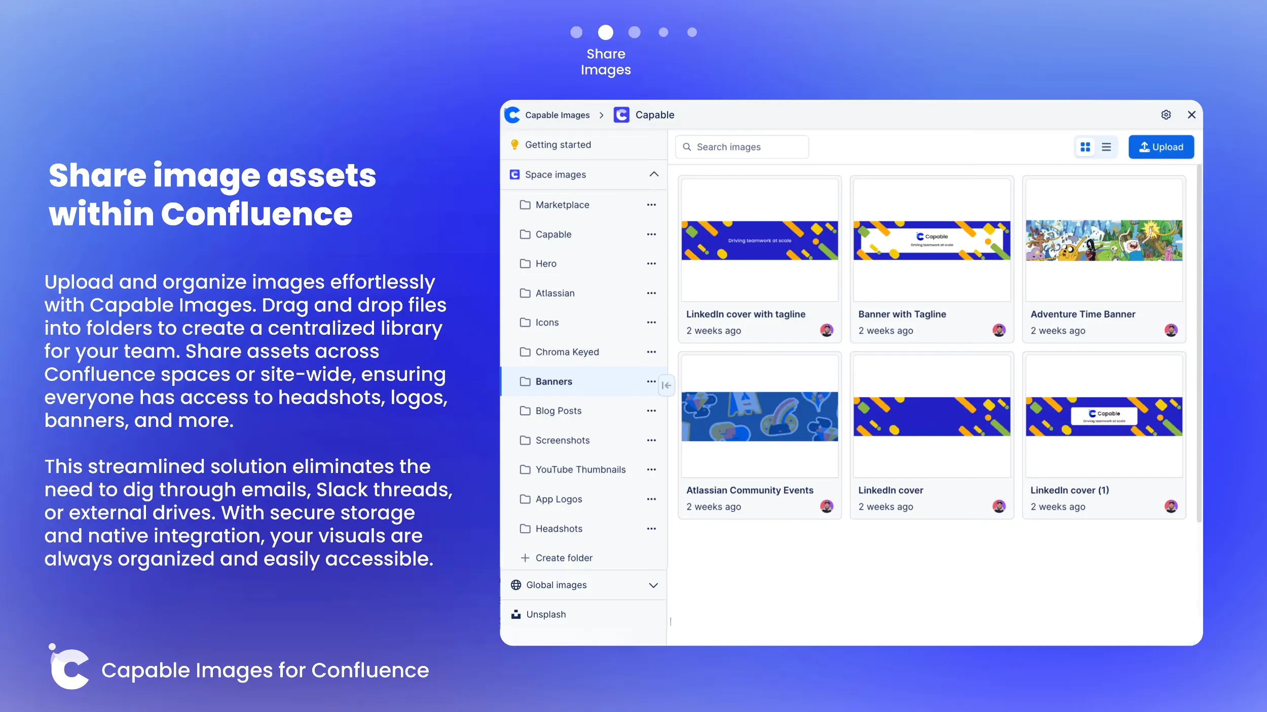 Share image assets within Confluence: Capable Images library with folders of banners and covers