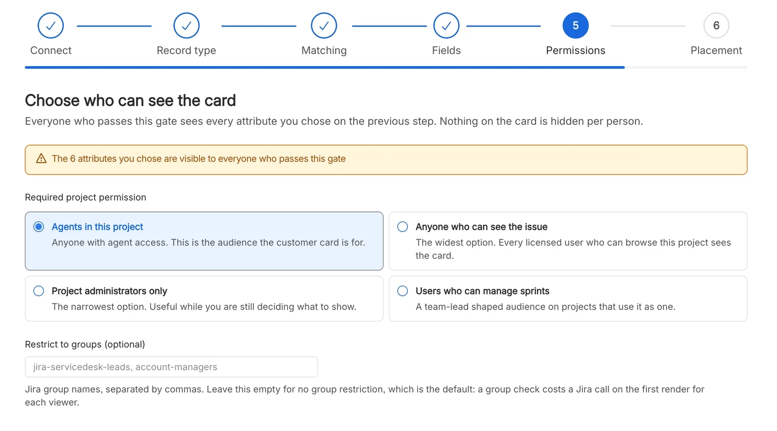 The Permissions step of the Attio setup in Jira, with audience options and an optional group restriction.