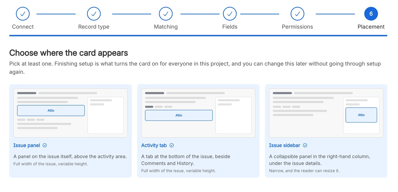 The Placement step of the Attio setup in Jira, offering an issue panel, an activity tab and the issue sidebar, each with a small sketch of the issue.