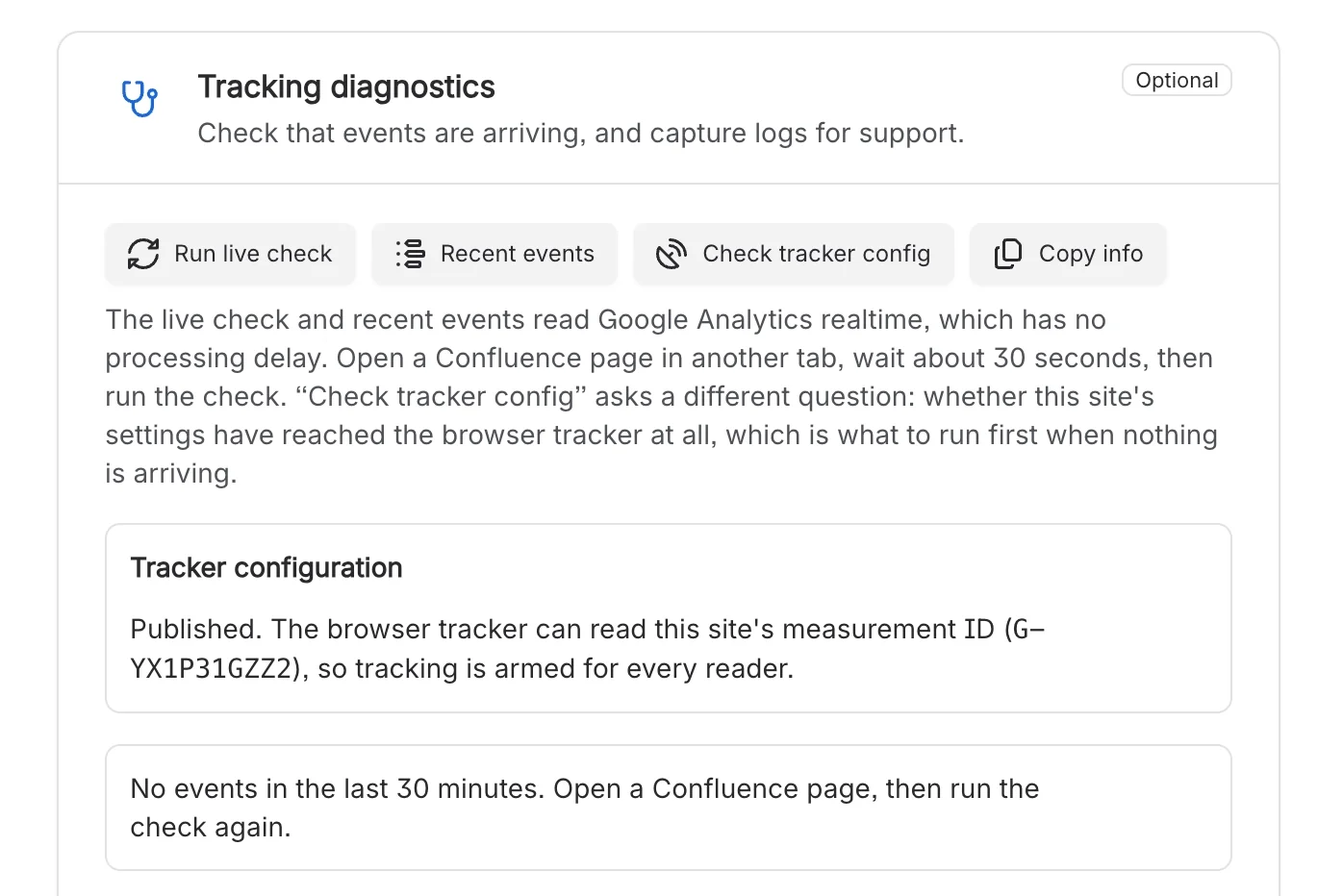 The Tracking diagnostics panel, with buttons to run a live check, show recent events, check the tracker configuration and copy information for support.
