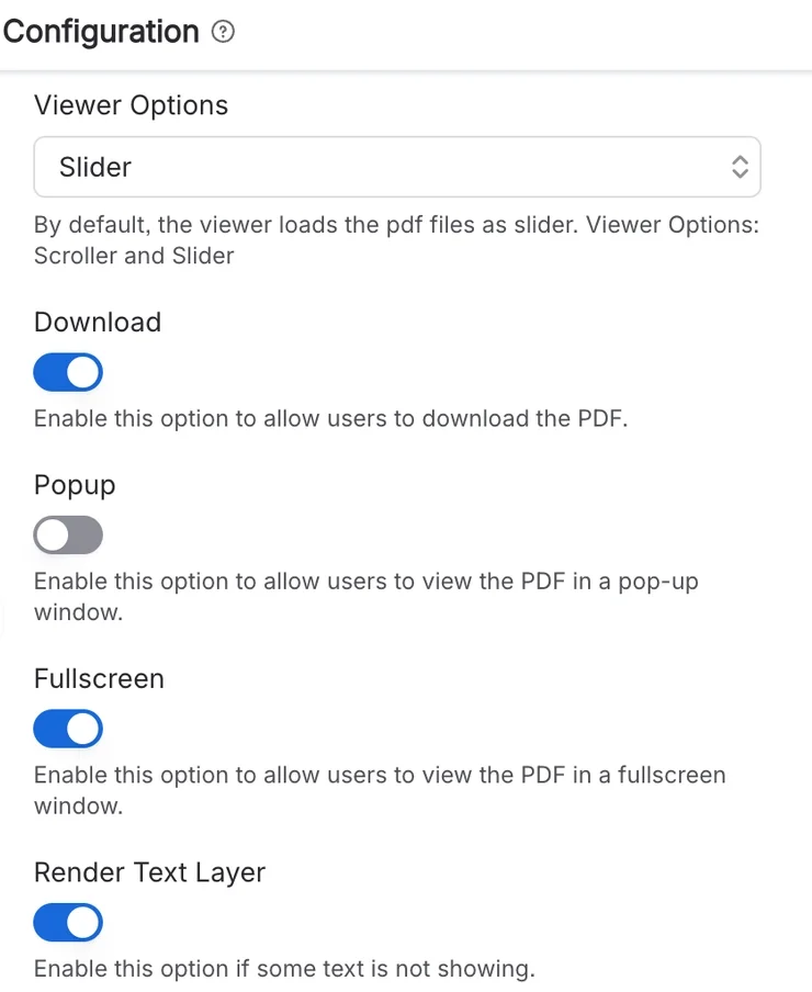The PDF embed macro’s Configuration panel, with Viewer Options set to Slider and switches for Download, Popup, Fullscreen and Render Text Layer.