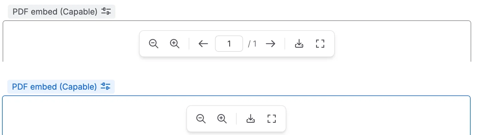 Two PDF embed toolbars: Slider with zoom, back and forward arrows, a page number box, download and fullscreen; Scroller with only zoom, download and fullscreen.