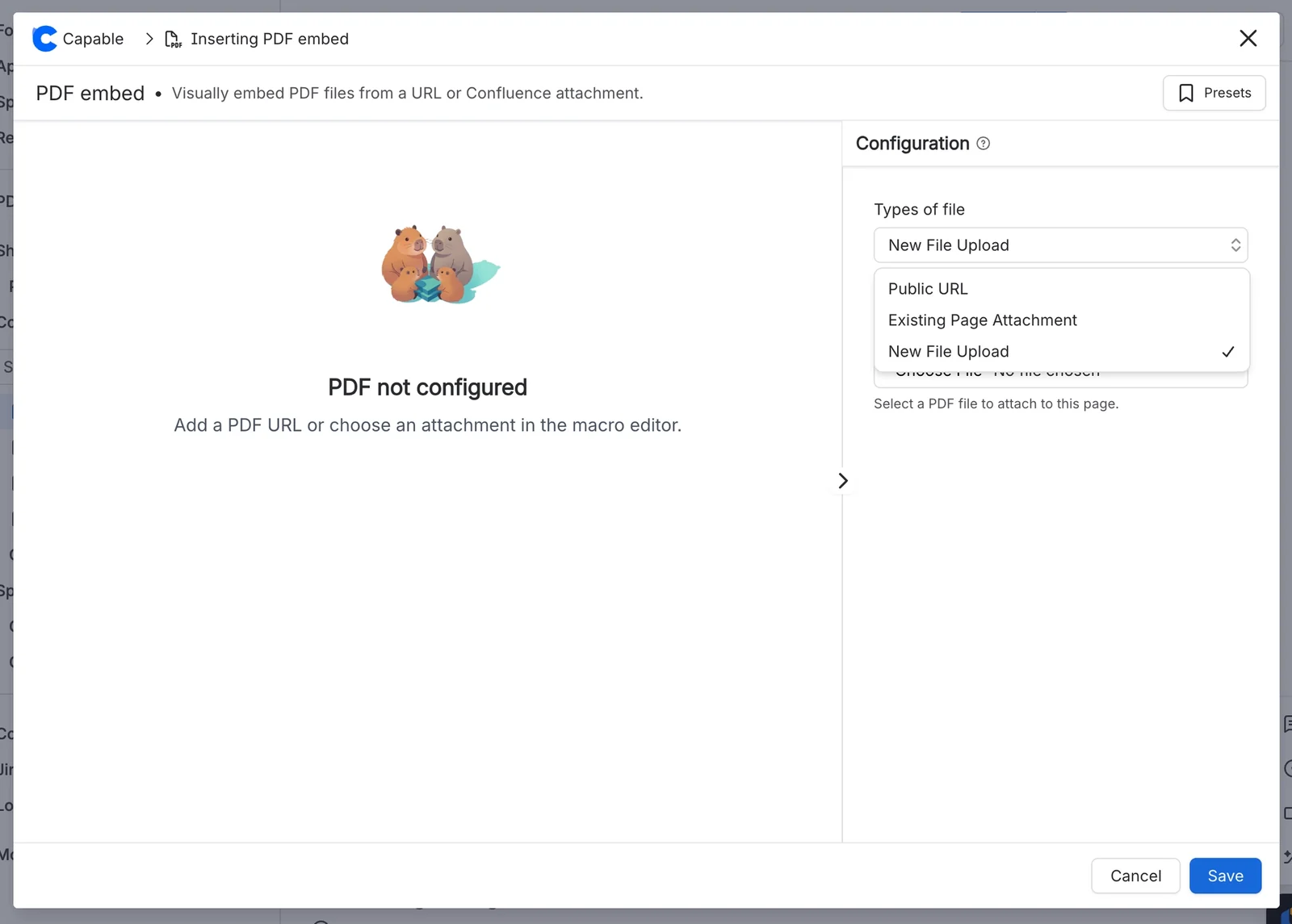 The PDF embed macro editor with the Types of file list open, offering Public URL, Existing Page Attachment and New File Upload.