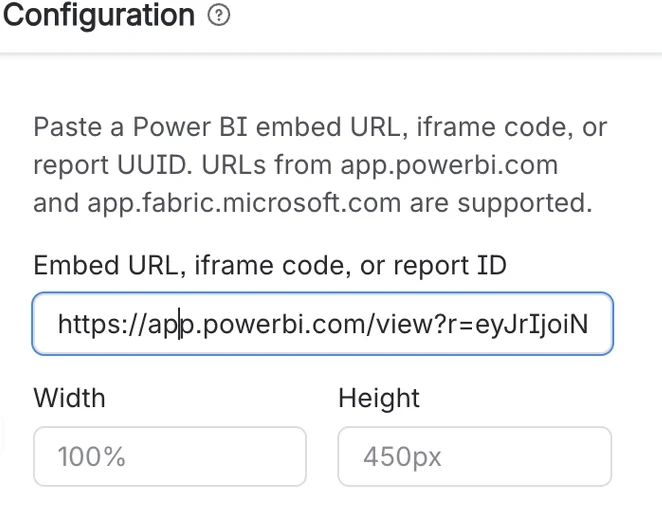 The Power BI macro’s configuration panel, with one field for an embed URL, iframe code or report ID, and Width and Height fields set to 100% and 450px.