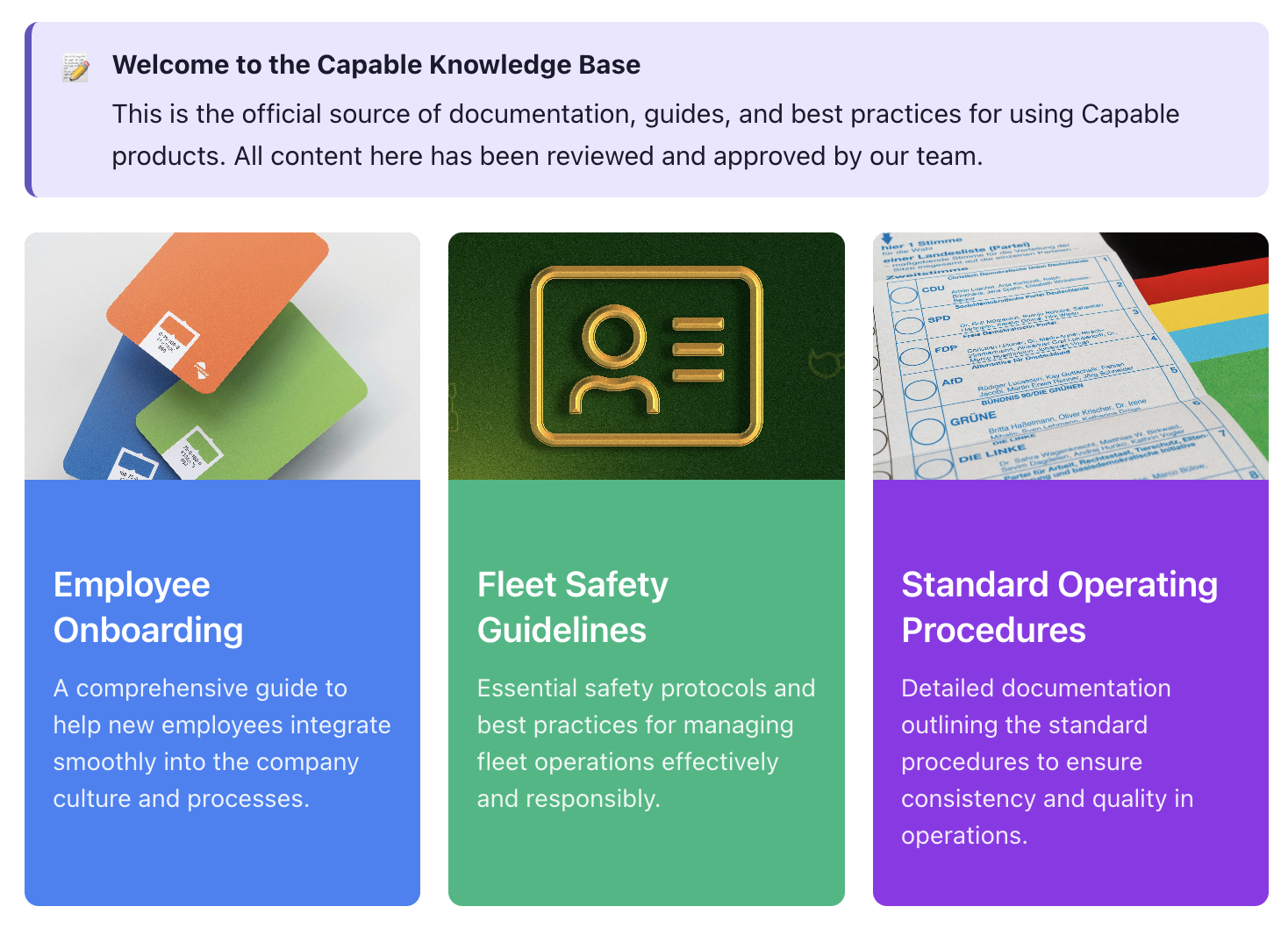 A published knowledge base page with a welcome panel and three coloured cards: Employee Onboarding, Fleet Safety Guidelines and Standard Operating Procedures.