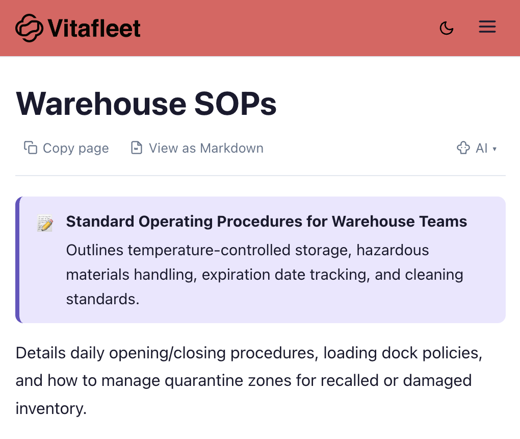A published page called Warehouse SOPs with Copy page and View as Markdown buttons under the title.